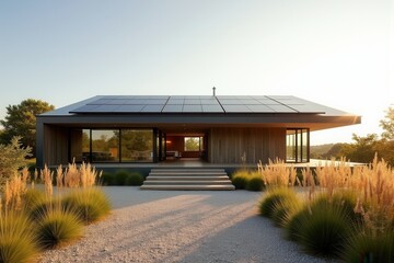 Obraz premium A Modern Sustainable house with sleek solar panels integrated into a flat roof, framed by minimalist landscaping