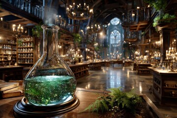 Mystical laboratory with colorful potion in an enchanting library setting