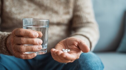A senior man holds a glass of water in one hand and several pills in the other, preparing to take his medication. He appears focused and calm in a cozy living space
