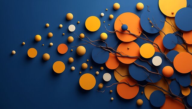 Vibrant abstract 3D composition of orange and yellow spheres with blue circles and a stylized dark branch.