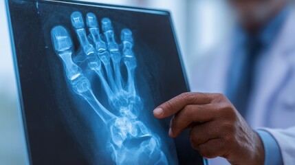 A healthcare expert reviews an X-ray of a human foot in a medical office. The detailed image shows bones and joints, aiding in the assessment of injuries or conditions