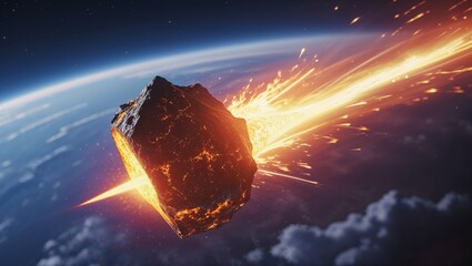 A colossal asteroid streaks towards earth, blazing a trail of destruction in the sky.