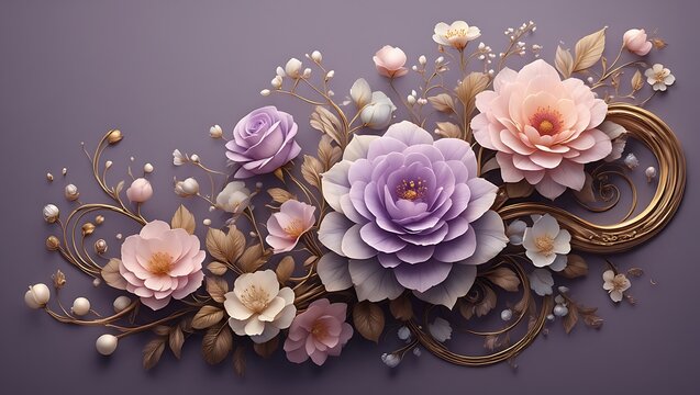 Elegant 3D pastel floral arrangement with purple, pink flowers, intricate golden swirls, and pearls.