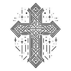 Christian cross icon in detailed monoline style with geometric pattern. Religion, faith and spirituality concept. Vector illustration for tattoo, print, banner