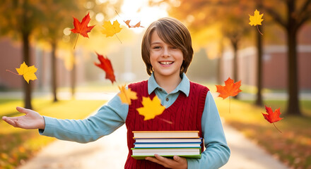 Excited students running towards entrance, Open Book And Laptop In Library, Education and reading concept - group of colorful books on the wooden table in the classroom, blackboard background


