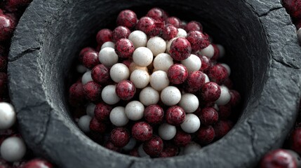 Red and white spheres in dark bowl