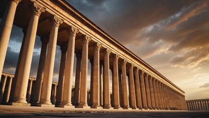 A stunning view of ancient columns under a breathtaking sunset.