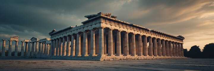 The iconic Parthenon in Athens, Greece, at sunset with dramatic sky.