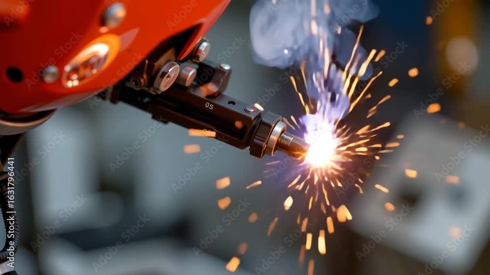 Poster robot welding in action: a close-up view captures the precise movements of a robotic arm welding met