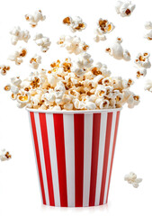 Popcorn in a red and white striped paper cup, isolated on a transparent background ,clipping path