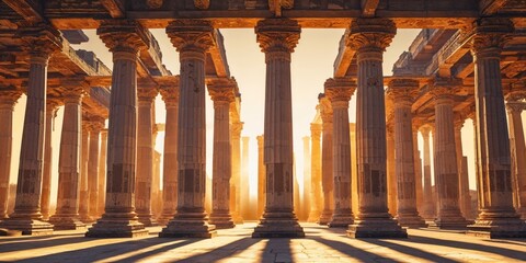 Dramatic view of an ancient temple with towering columns and sunlight.