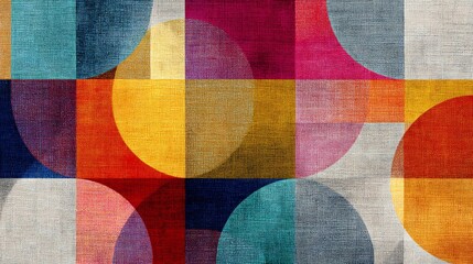 Abstract geometric textile pattern with colorful squares and circles design