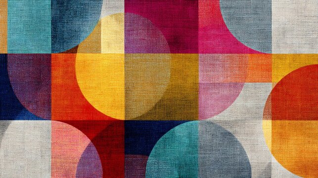 Abstract geometric textile pattern with colorful squares and circles design