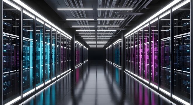 Data center server room with neon lights and network infrastructure for cloud computing - Powered by Adobe