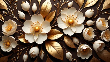 Elegant 3D arrangement of pristine white flowers with golden leaves and buds on a dark brown textured background.