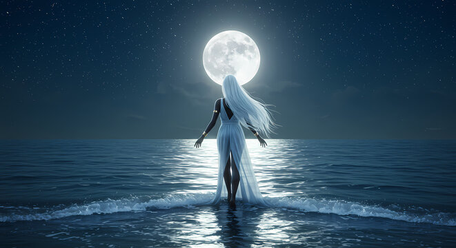 Iemanj&aacute;, Queen of the Sea, Orix&aacute; on Ocean Shore at Night.

