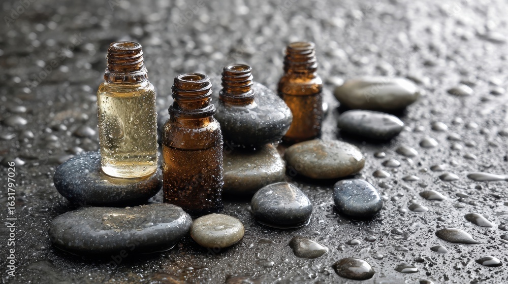 Poster bottles of essential oils placed on wet stones creating a calming atmosphere in a tranquil setting