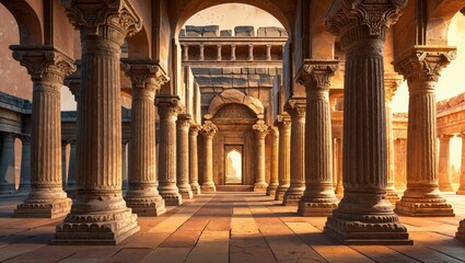 Captivating view of an ancient hallway with symmetrical stone columns and arches