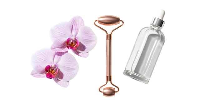 Pink Orchids Compose with Facial Roller and Serum Bottle on Transparent Background Elegantly