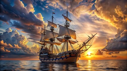 Obraz premium Dramatic Sunset Sailboat: Antique Galleon at Golden Hour, Epic Ocean Scene, Majestic Cloudscape.