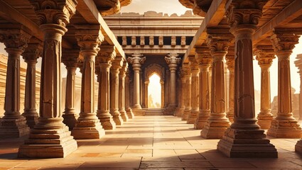Magnificent view inside an ancient temple with rows of pillars, leading to a bright portal.