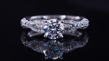 This exquisite diamond engagement ring features a large central stone surrounded by a delicate band with shimmering details, reflecting its beauty on a glossy surface