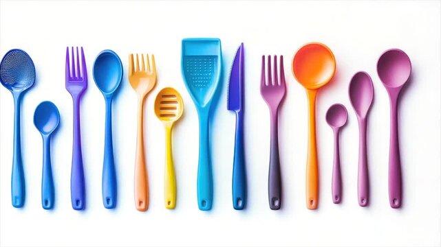 Colorful plastic kitchen utensils arranged in a row