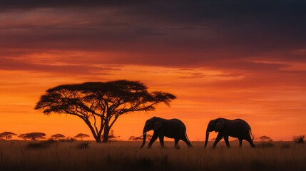 Fototapeta premium Two elephants roam in the savanna under a vibrant sunset sky, with an acacia tree silhouetted against the horizon, showcasing nature's beauty and tranquility
