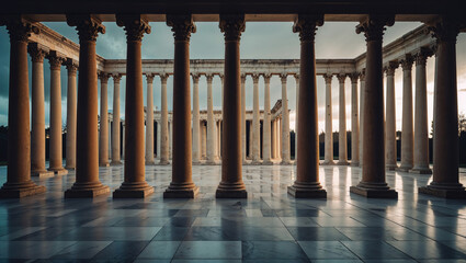 Dramatic view of classical Greek columns in a historic temple with a bright sky in the background.
