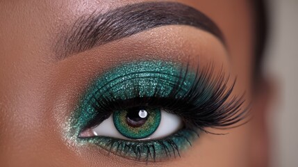 Fototapeta premium A striking close-up captures a beautifully made-up eye with teal eyeshadow, lush false eyelashes, and mesmerizing green contacts. The focus on the eye highlights the artistry of makeup