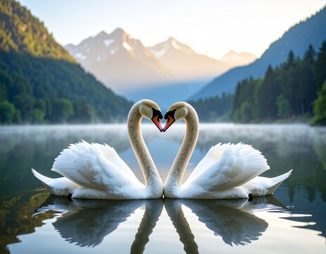 Two swans gently facing each other, forming a heart shape on a misty lake at dawn, with serene mountain silhouettes in the background.
