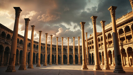 Magnificent classical courtyard bathed in sunlight, with towering columns.