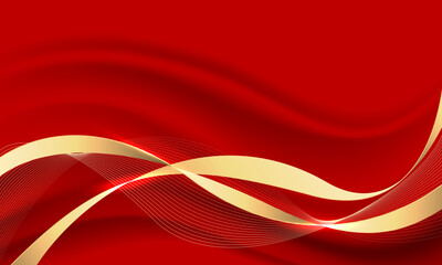 Abstract grey wave gold ribbon curve on red luxury background vector