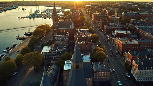 Aerial view of Annapolis Maryland at sunset showcasing city and harbor