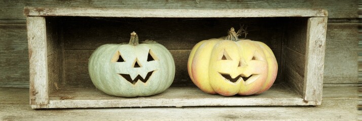 Whimsical Jack-o'-lanterns nestle in vintage crate, conjuring Halloween's spectral whispers and Samhain's mystical embrace