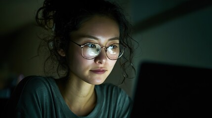 A focused young woman with glasses working on her laptop in casual attire at night and staying up all night in the office, her professional focus accentuated by low contrast and clear, clean focus.