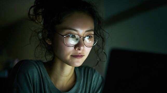 A focused young woman with glasses working on her laptop in casual attire at night and staying up all night in the office, her professional focus accentuated by low contrast and clear, clean focus.