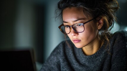 A focused young woman with glasses working on her laptop in casual attire at night and staying up all night in the office, her professional focus accentuated by low contrast and clear, clean focus.