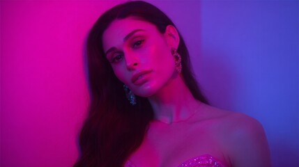 Fototapeta premium Under neon twilight, a contemplative Latina woman in a shimmering gown evokes Dia de los Muertos' vibrant reflection, cosmic allure