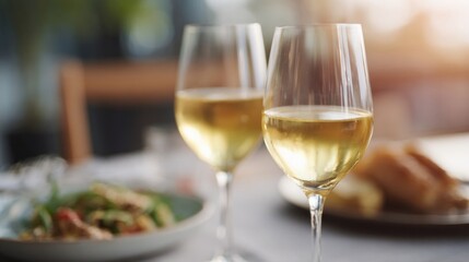 Fototapeta premium Two luminous glasses of white wine whisper secret vineyard tales, perfect for Chardonnay Day or cozy autumn soirees