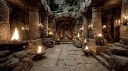 Ancient stone cavern, lit by flames