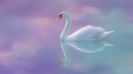 Fototapeta premium Graceful swan glides on ethereal lavender waters, evoking serenity and rebirth, reminiscent of Ostara celebrations and tranquility