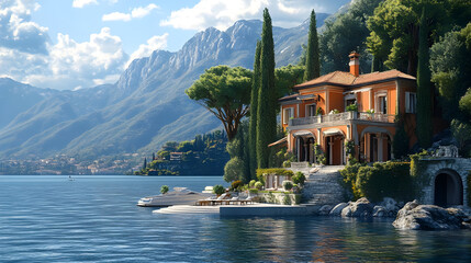 Fototapeta premium Lakeside Villa 3D Illustration: Mountain View Luxury Home