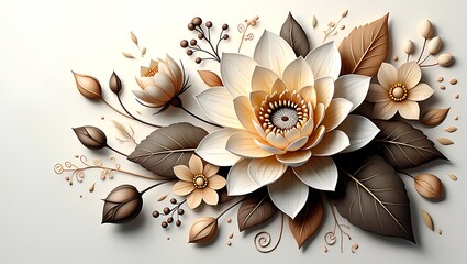 Soft Earth-Toned 3D Paper Flower Arrangement with Intricate Petals and Leaves on a Light Neutral Backdrop.