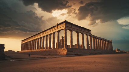 Ancient greek temple bathed in the warm glow of sunset, evoking history and beauty.