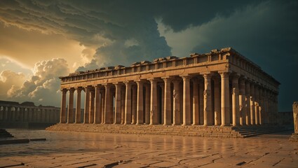 A grand ancient Greek temple stands under a dramatic, cloudy sky, evoking history and beauty.