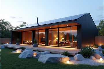 A Modern Sustainable house with sleek solar panels integrated into a flat roof, framed by minimalist landscaping