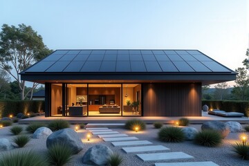 A Modern Sustainable house with sleek solar panels integrated into a flat roof, framed by minimalist landscaping