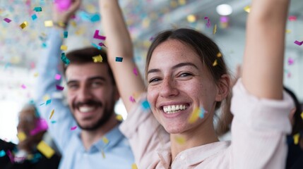 Joyous confetti shower over jubilant Caucasian man and woman at office celebration, embracing the quirky spirit of Fun at Work Day