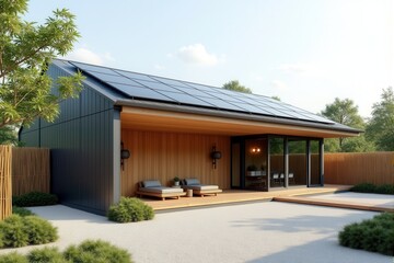 A Modern Sustainable house with sleek solar panels integrated into a flat roof, framed by minimalist landscaping
